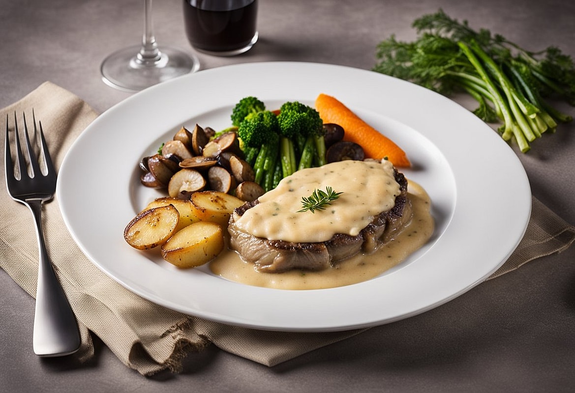 Gänsebrust mit Champignon-Rahm-Sauce und Kartoffelgratin
