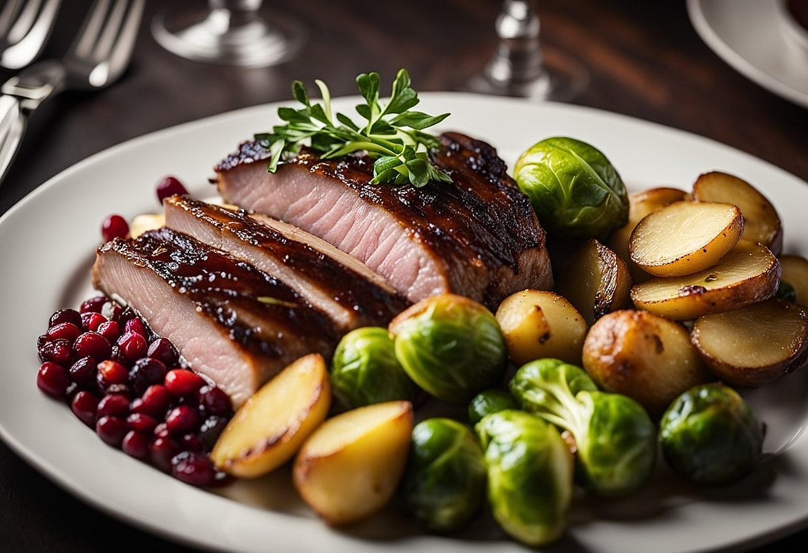 Gänsebrust mit Preiselbeer-Sauce und gebratenem Rosenkohl