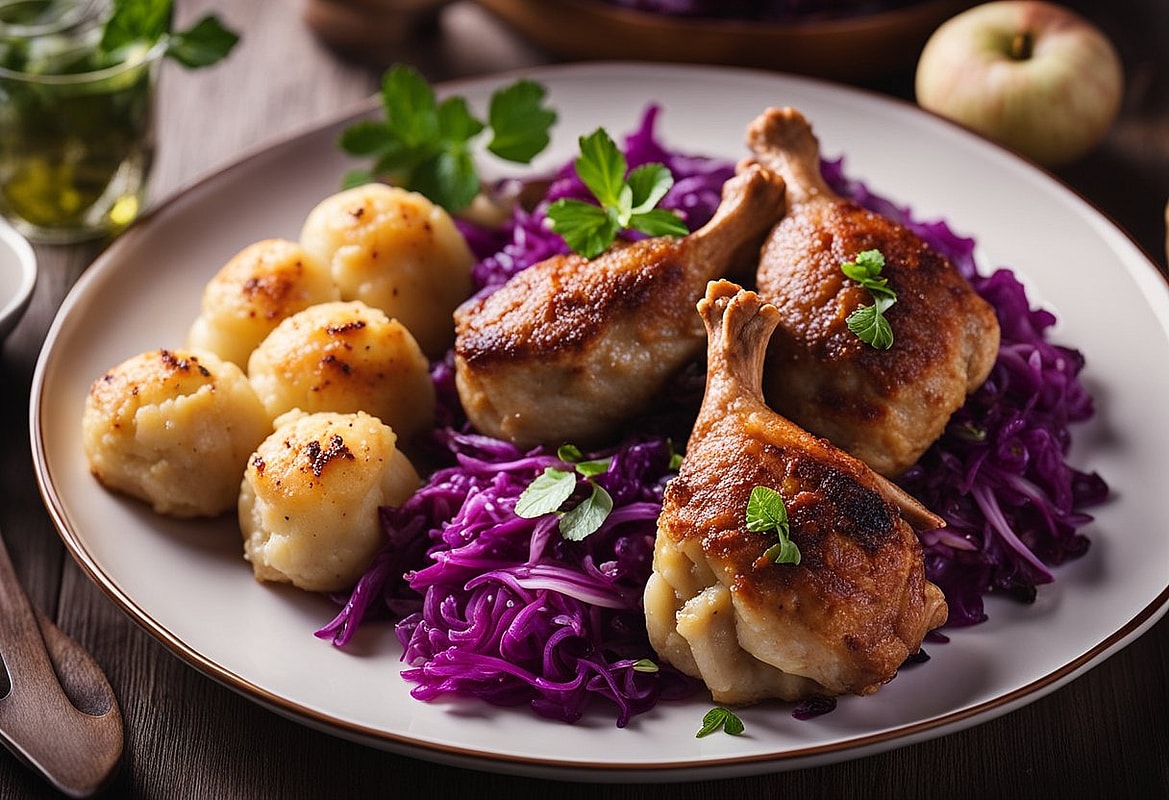 Entenkeulen mit Apfel-Rotkohl und Semmelknödeln