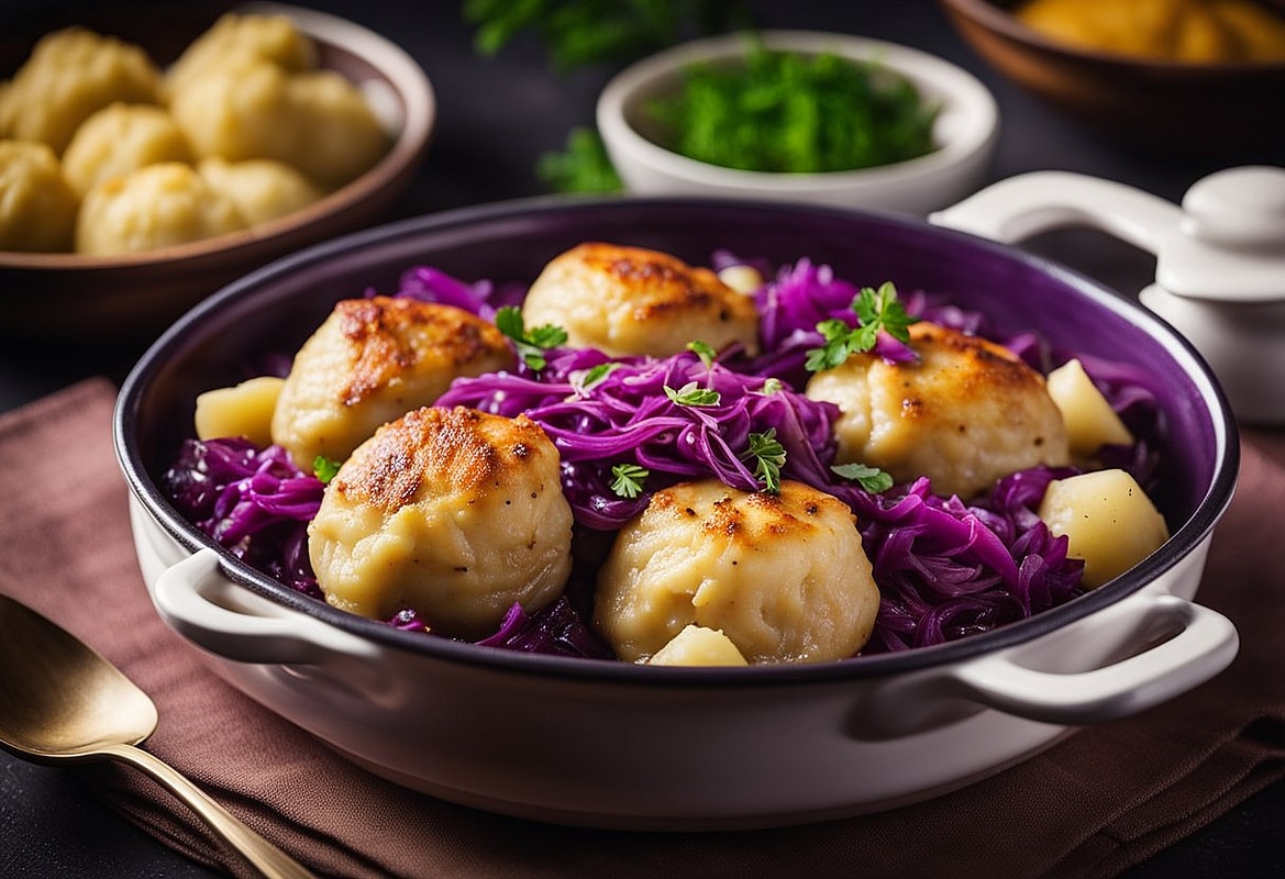 Gänsekeulen mit Rotkohl und Kartoffelklößen