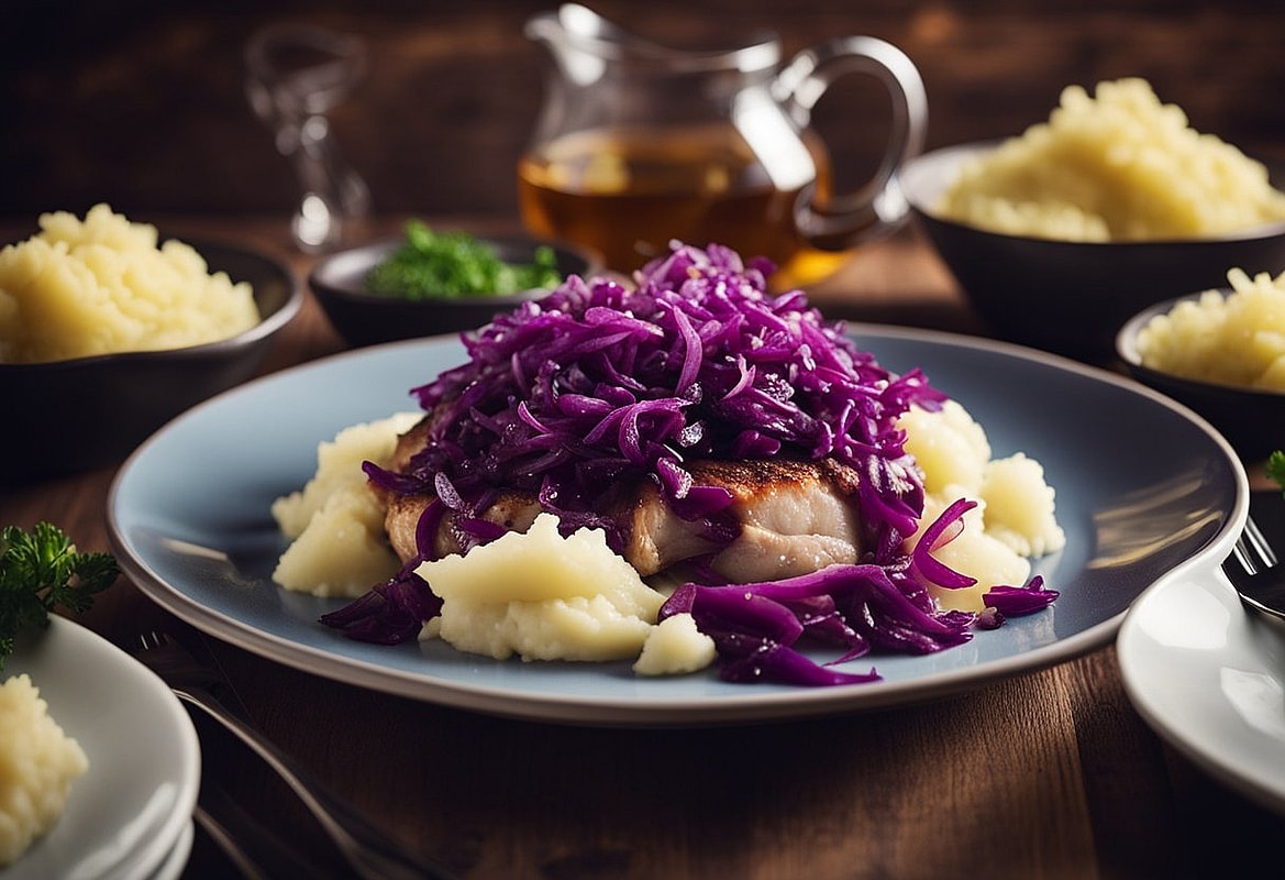 Rotkohl, Kartoffelbrei und Fleisch