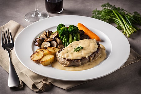 Gänsebrust mit Champignon-Rahm-Sauce und Kartoffelgratin