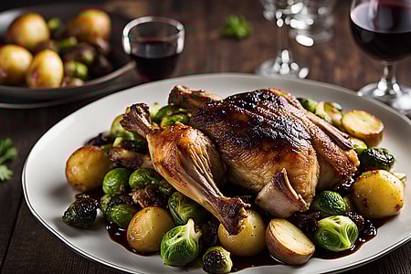 Entenkeulen mit Rotwein-Sauce und gebratenem Rosenkohl