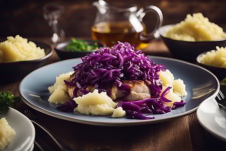 Rotkohl, Kartoffelbrei und Fleisch