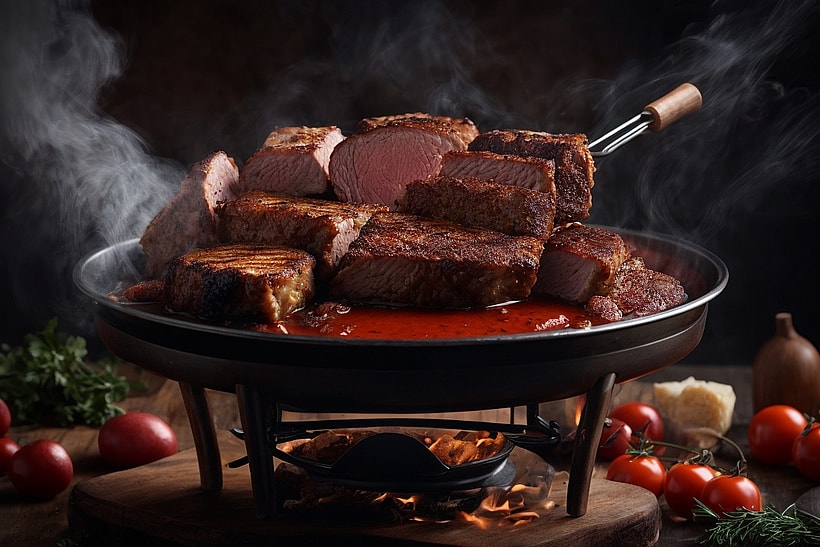 Fleisch auf einer Grillplatte mit Feuer darunter